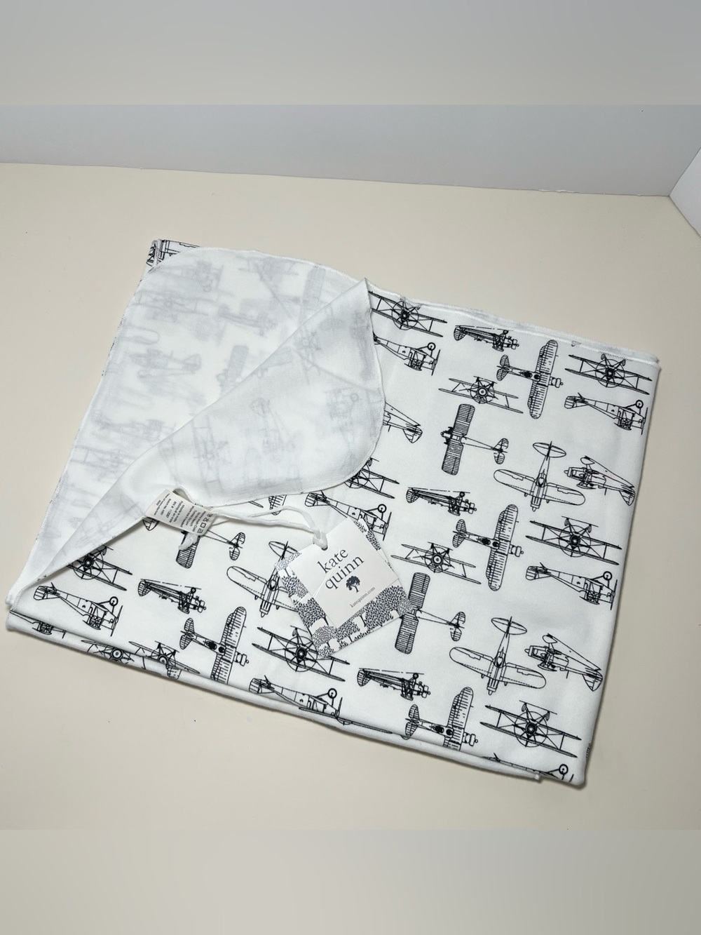 Kate Quinn Organic Vintage Airplane Receiving Blanket Swaddle Aviation White Tag